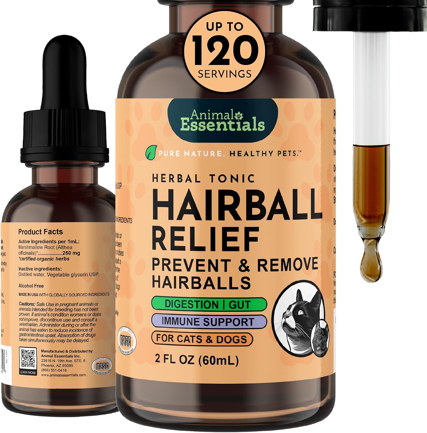 Animal Essentials Hairball Relief Formula front view bottle for pet digestive health.