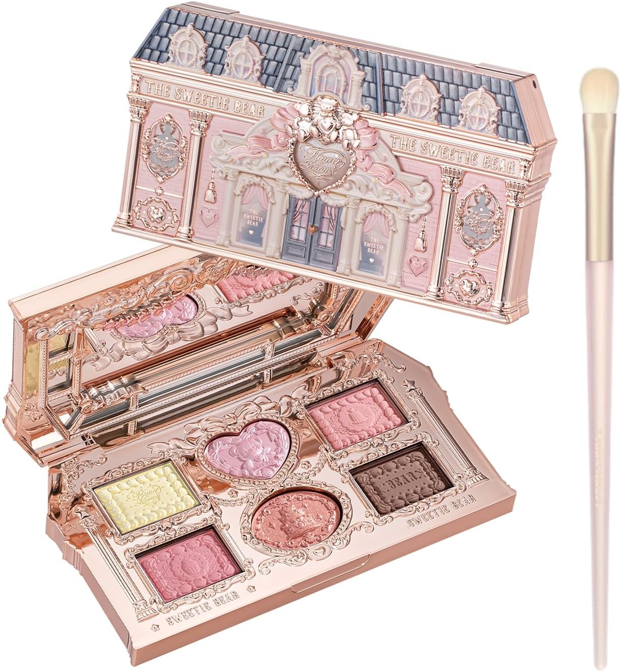 Flower Knows Sweetie Bear Collection 6-Color Makeup Palette front view of gilded house-shaped case.