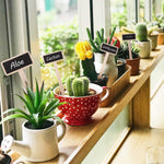 Close-up of black chalkboard surface on wooden garden stakes
