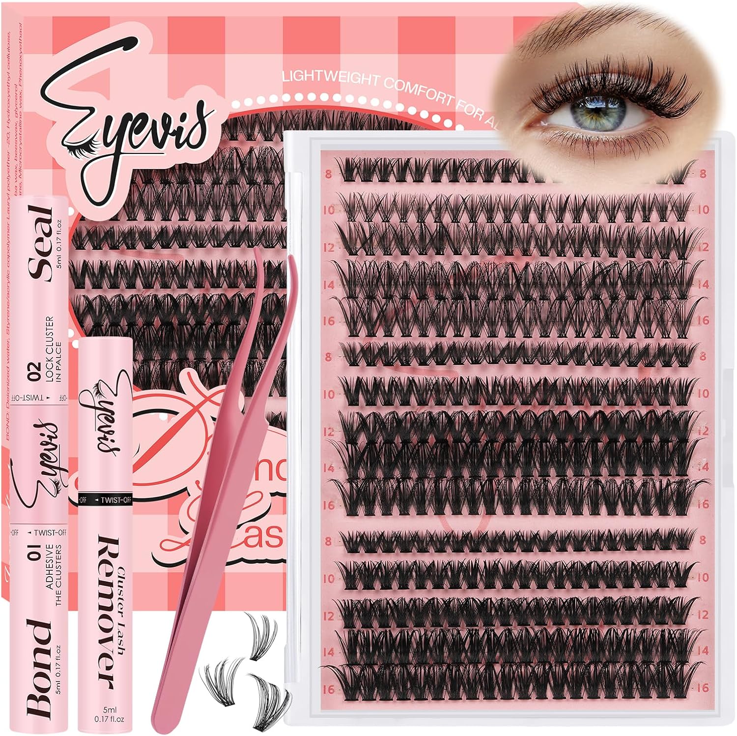 EYEVIS Lash Extension Kit front view showcasing the full 300 pieces tray with assorted lengths.