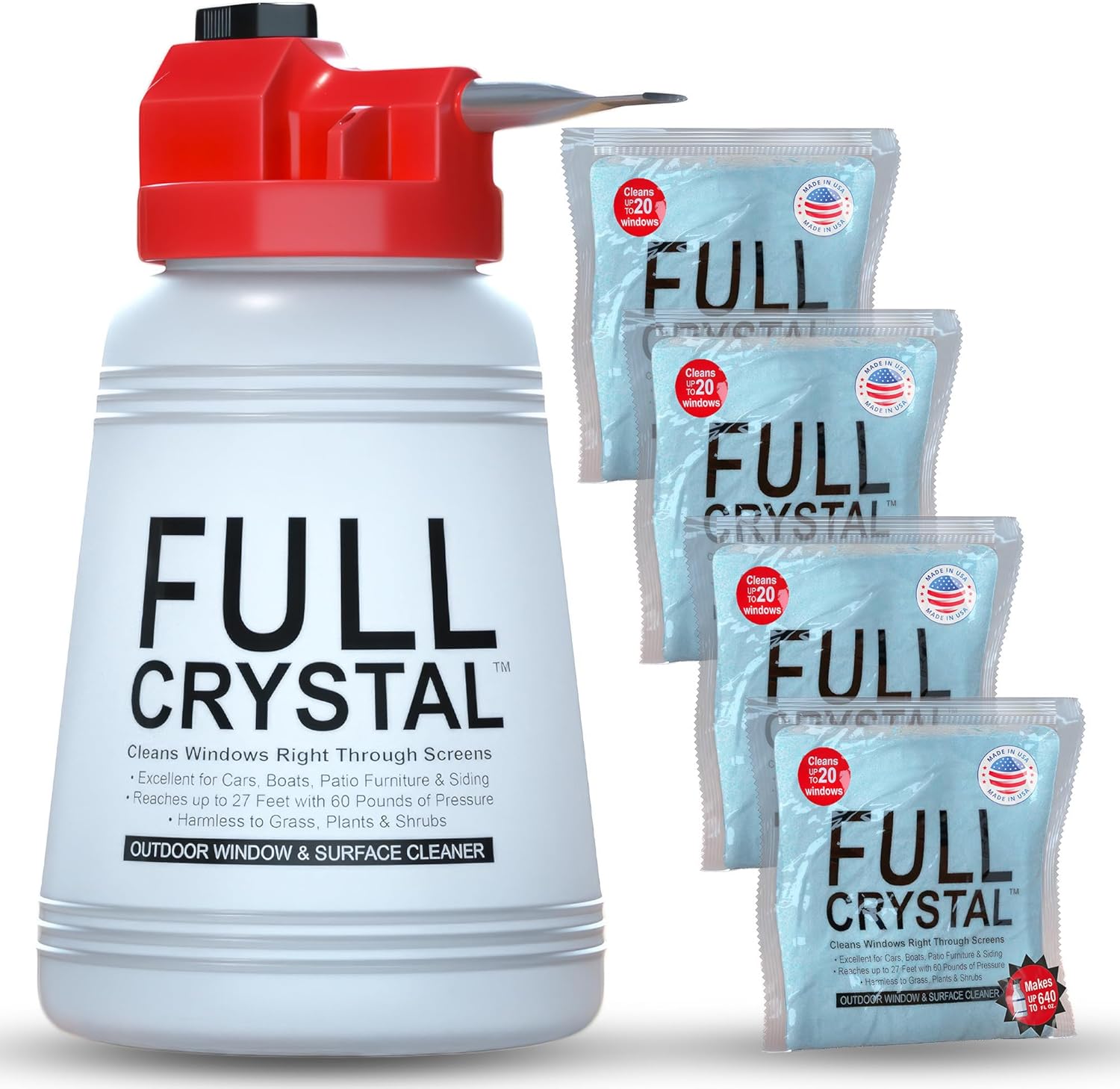 Full Crystal Window Cleaning Kit front view with sprayer bottle and powder packets