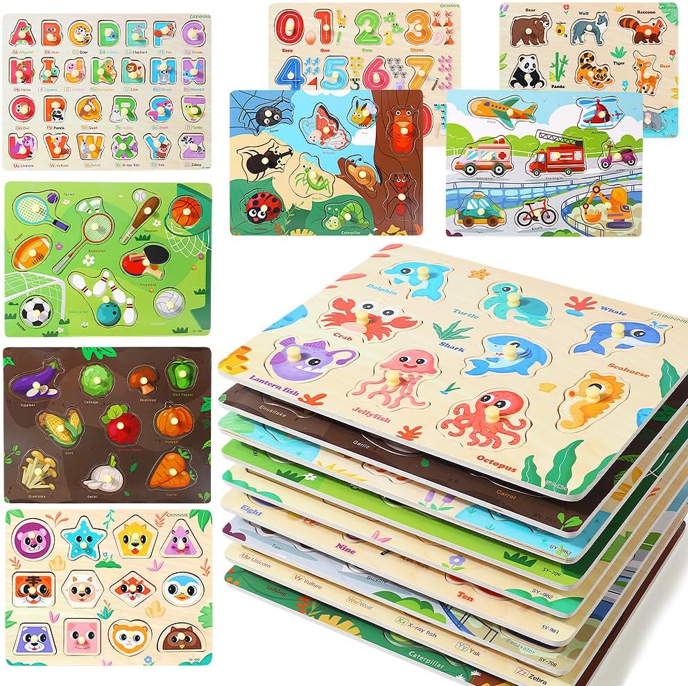GRINNNIE Montessori wooden toddler puzzle set front view with nine educational boards