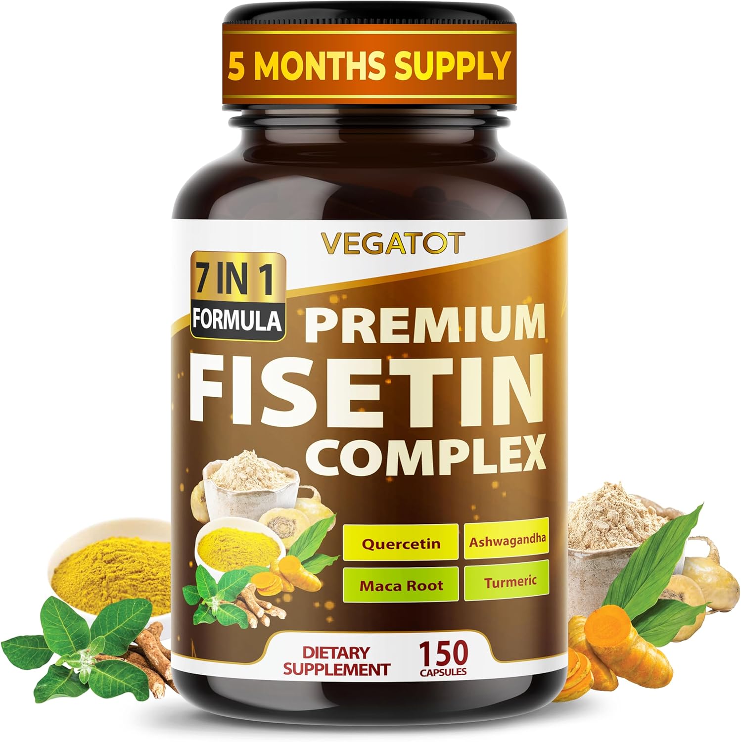 VEGATOT Organic Fisetin Complex 7-in-1 Formula | with Quercetin, Resveratrol, Ashwagandha, Maca Root, Turmeric, Black Pepper | 150 Capsules | Non-GMO, Gluten-Free - Image 1