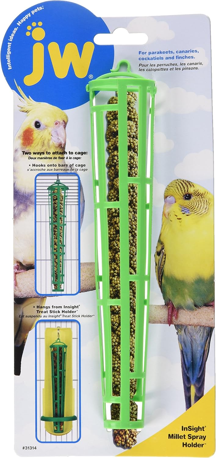JW Pet Insight Millet Spray Holder attached to cage wire bars