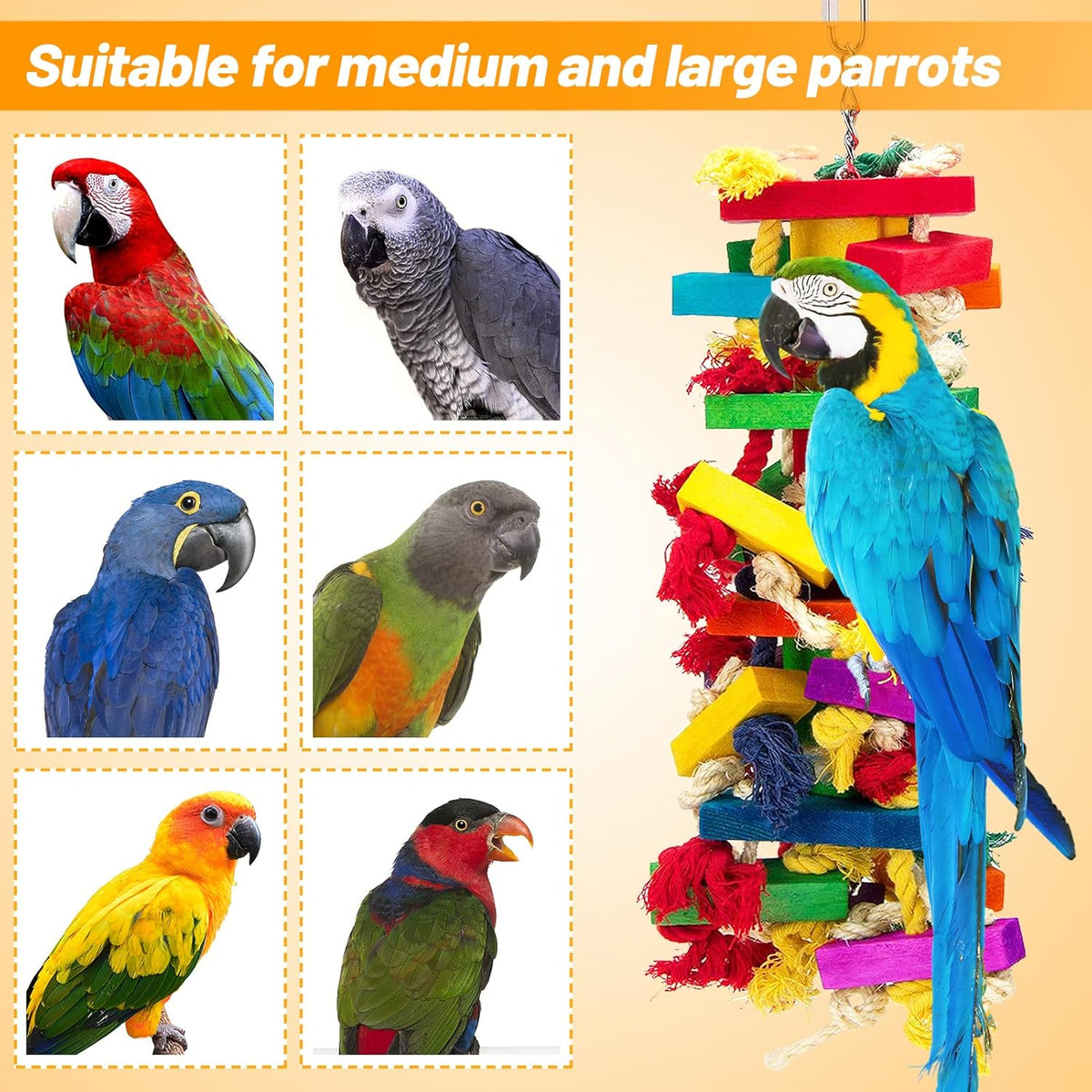 Side profile of the premium large parrot toy highlighting the multi tier layout and robust hanging hardware