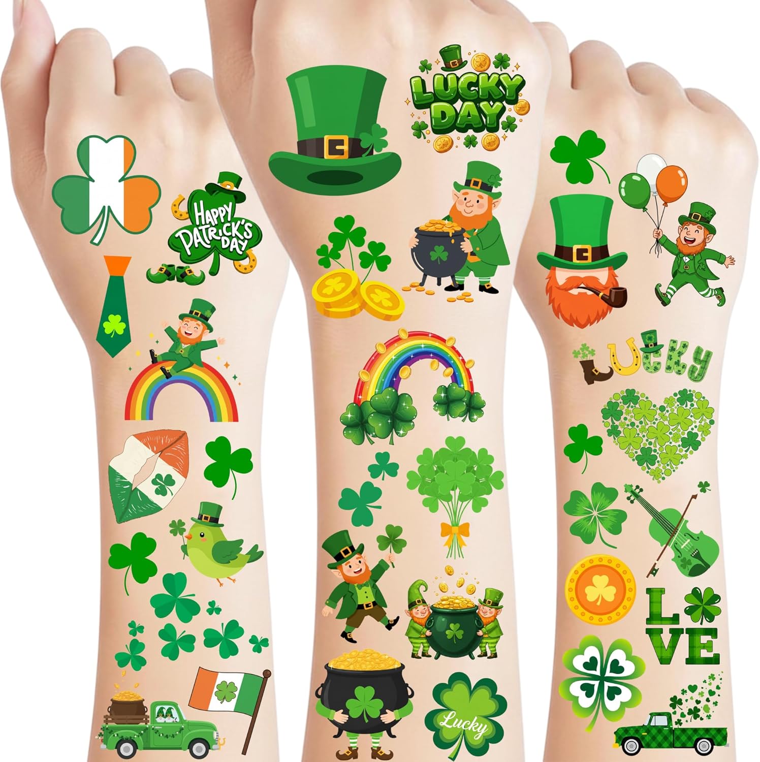 Backtopeia temporary tattoos front view showcasing green shamrock sheet