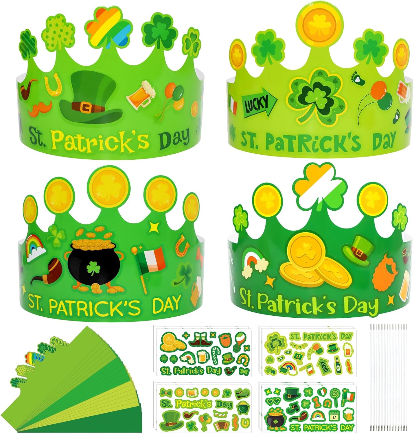 Fancy Land St. Patrick's Day Crown Crafts Kit front view featuring assembled green paper shamrock hat