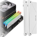 EZDIY-FAB addressable RGB memory RAM cooler 2 pack front view showing white aluminum heatsinks with vibrant color illumination.