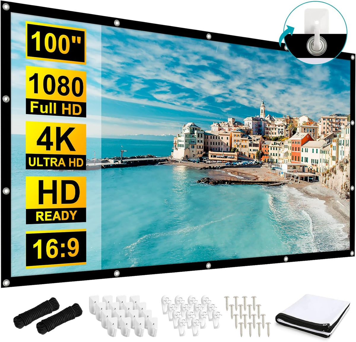 Frocopo 100 inch projection screen displaying a vibrant 4K movie front view