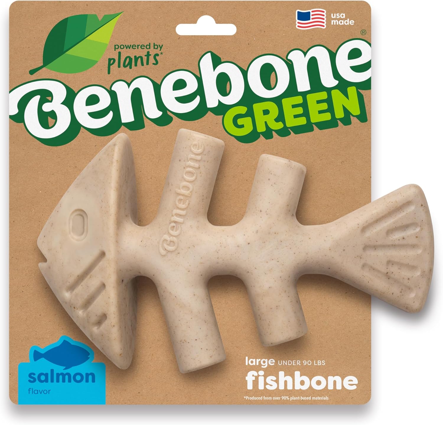 Benebone Green plant-based salmon fishbone dog chew toy front view authentic imported pet supplies