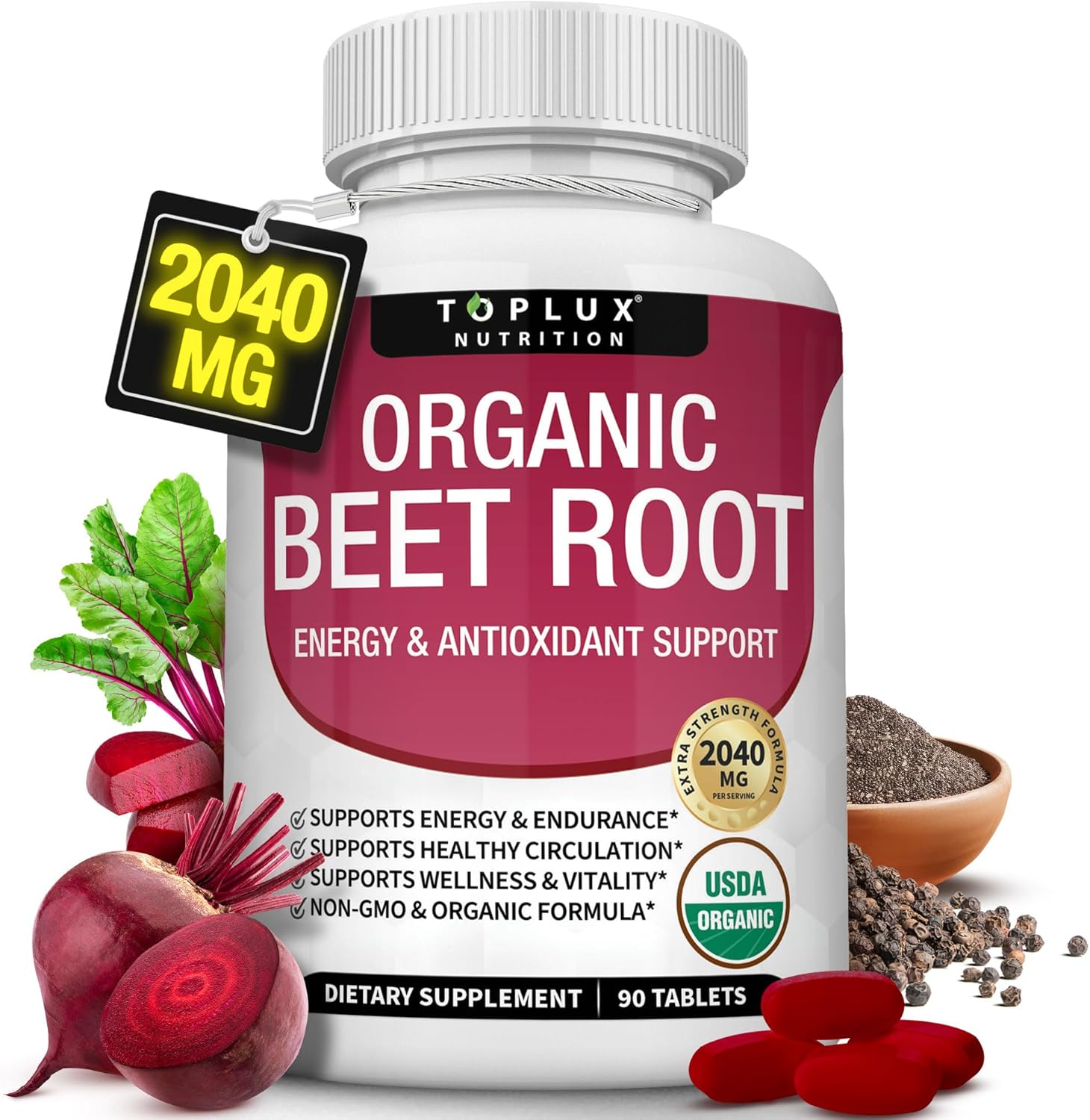 Toplux Organic Beet Root 2040mg bottle front view for nitric oxide support
