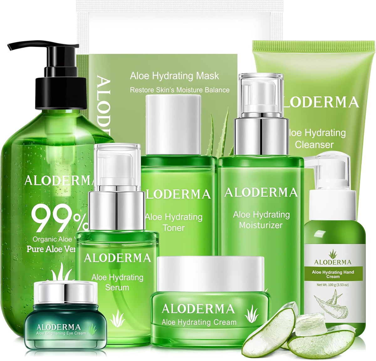 Aloderma brand 9 piece ultimate aloe vera hydrating skin care routine kit