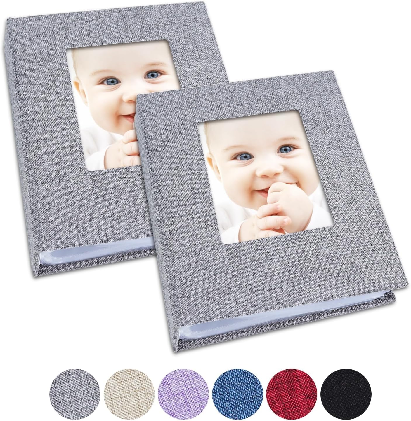 Vienrose small photo album 2 pack front view showing grey linen cover and customizable picture window