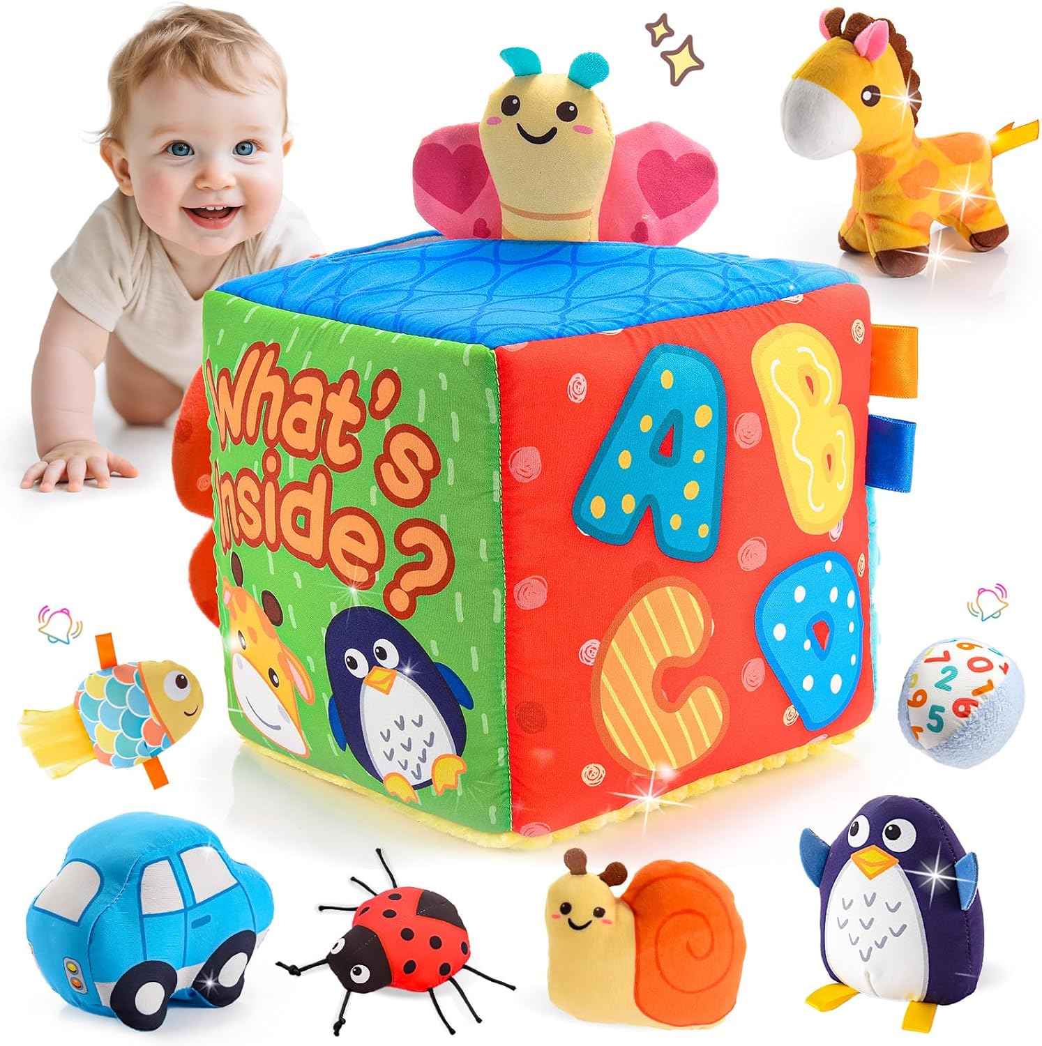 ZapWhiz Baby Mystery Montessori Sensory Soft Box Toy front view showcasing colorful plush cube and infant alphabet lettering.
