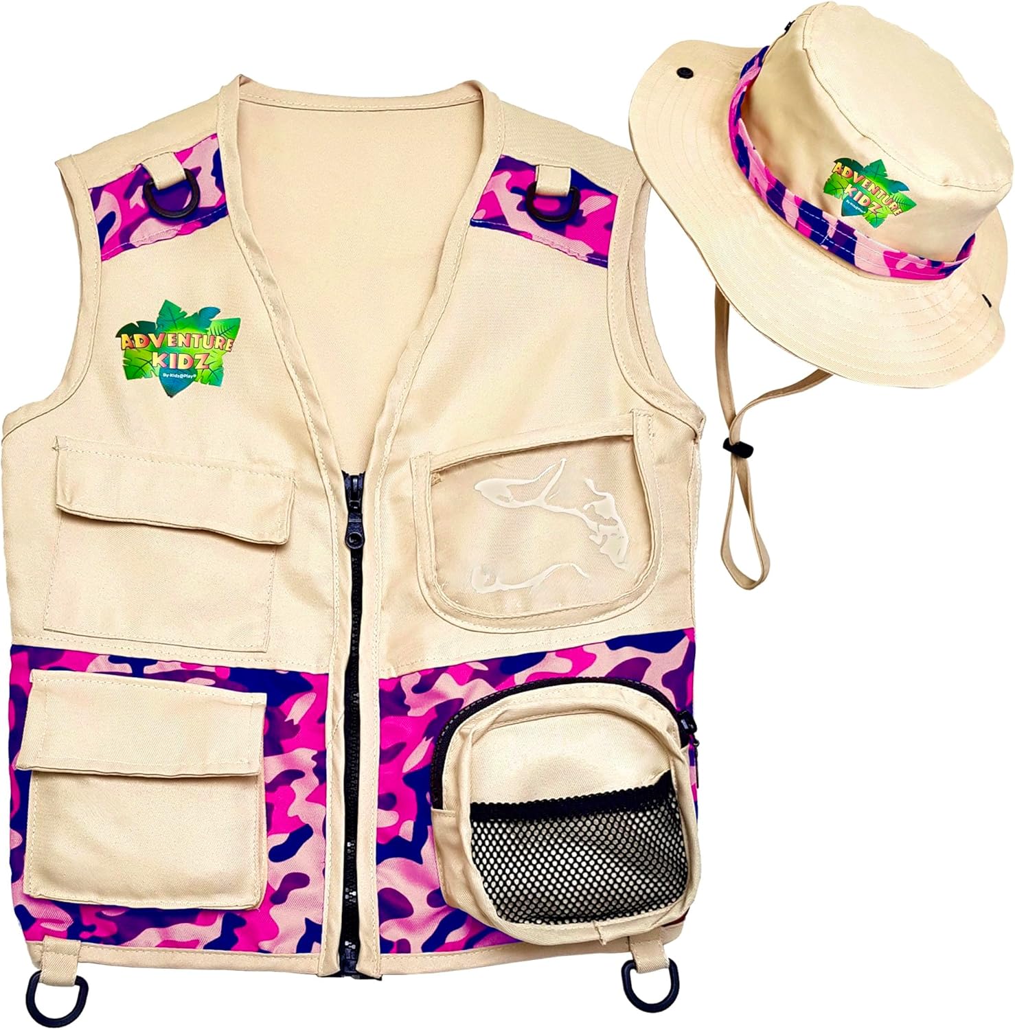 Kidz@Play Safari Kidz Outdoor Explorer Kit front view showing pink camouflage cargo vest and matching wide-brim hat