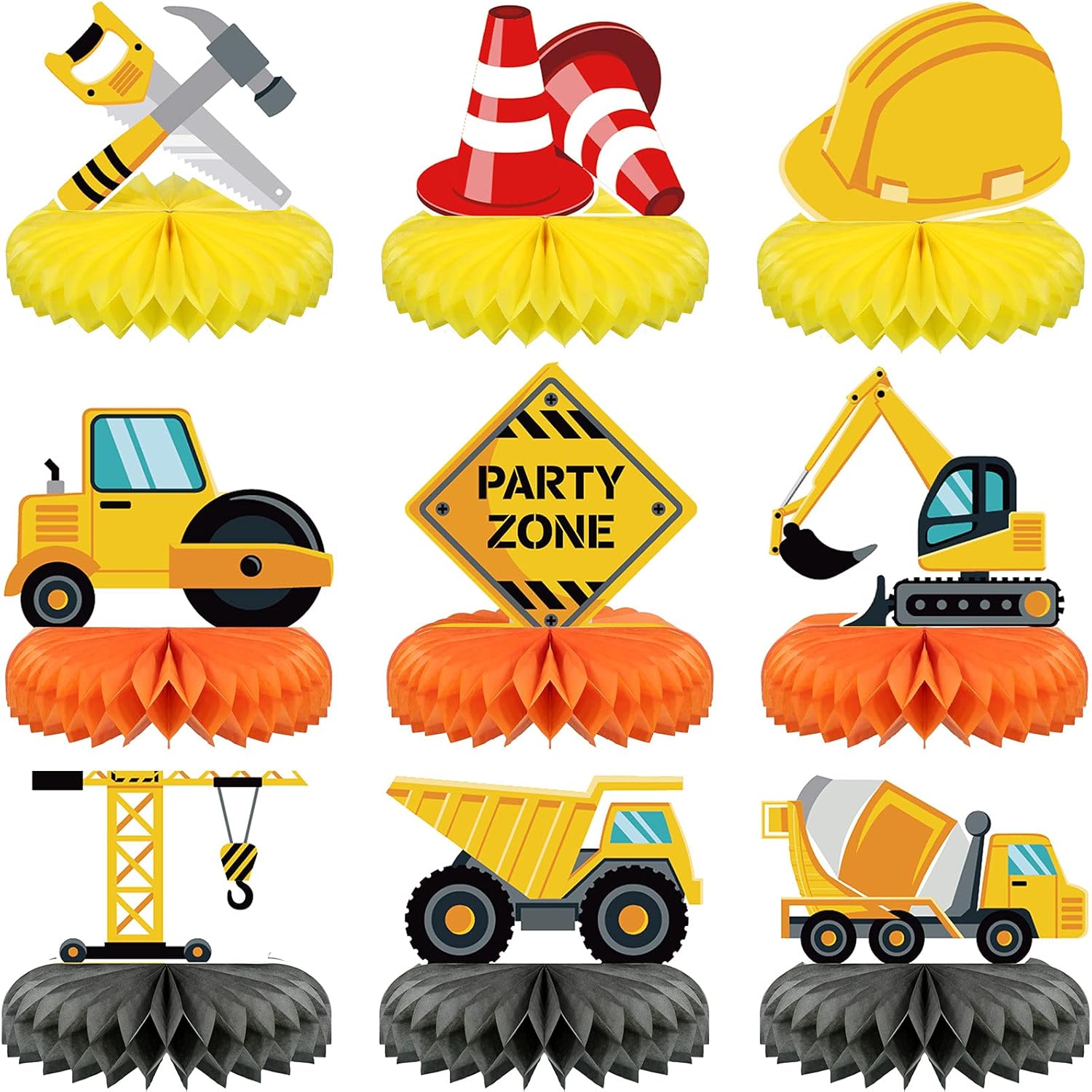 Threan construction party honeycomb centerpieces set front view