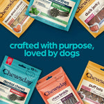 Side view of Chewsday dental treats bag showing product thickness and fresh mint flavor indicators