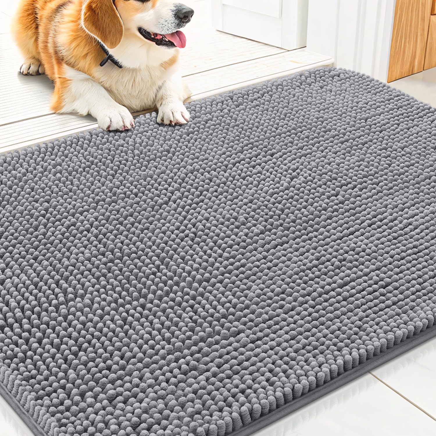 Smiry dog door mat for muddy paws front view showing grey chenille texture