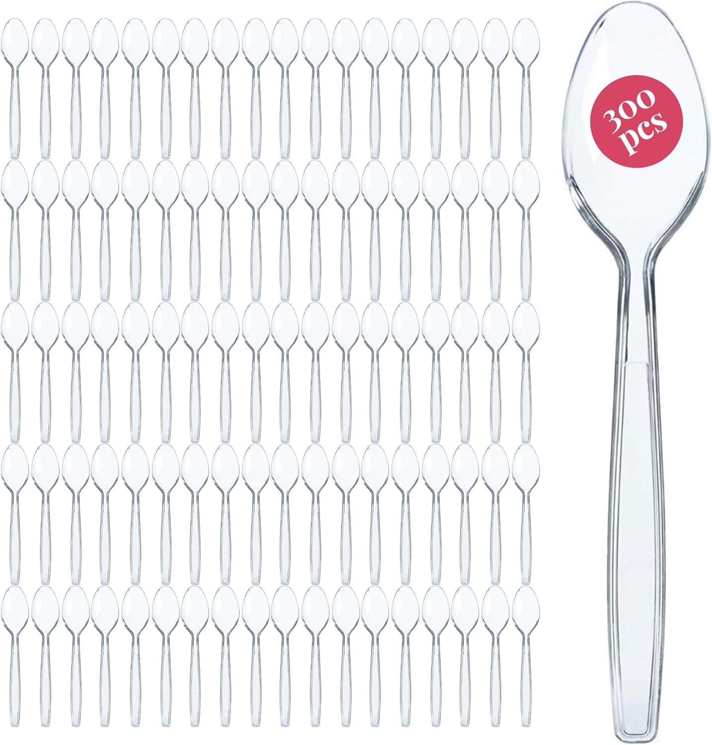 Prestee 300 Plastic Spoons Bulk front view of clear heavy duty disposable silverware.
