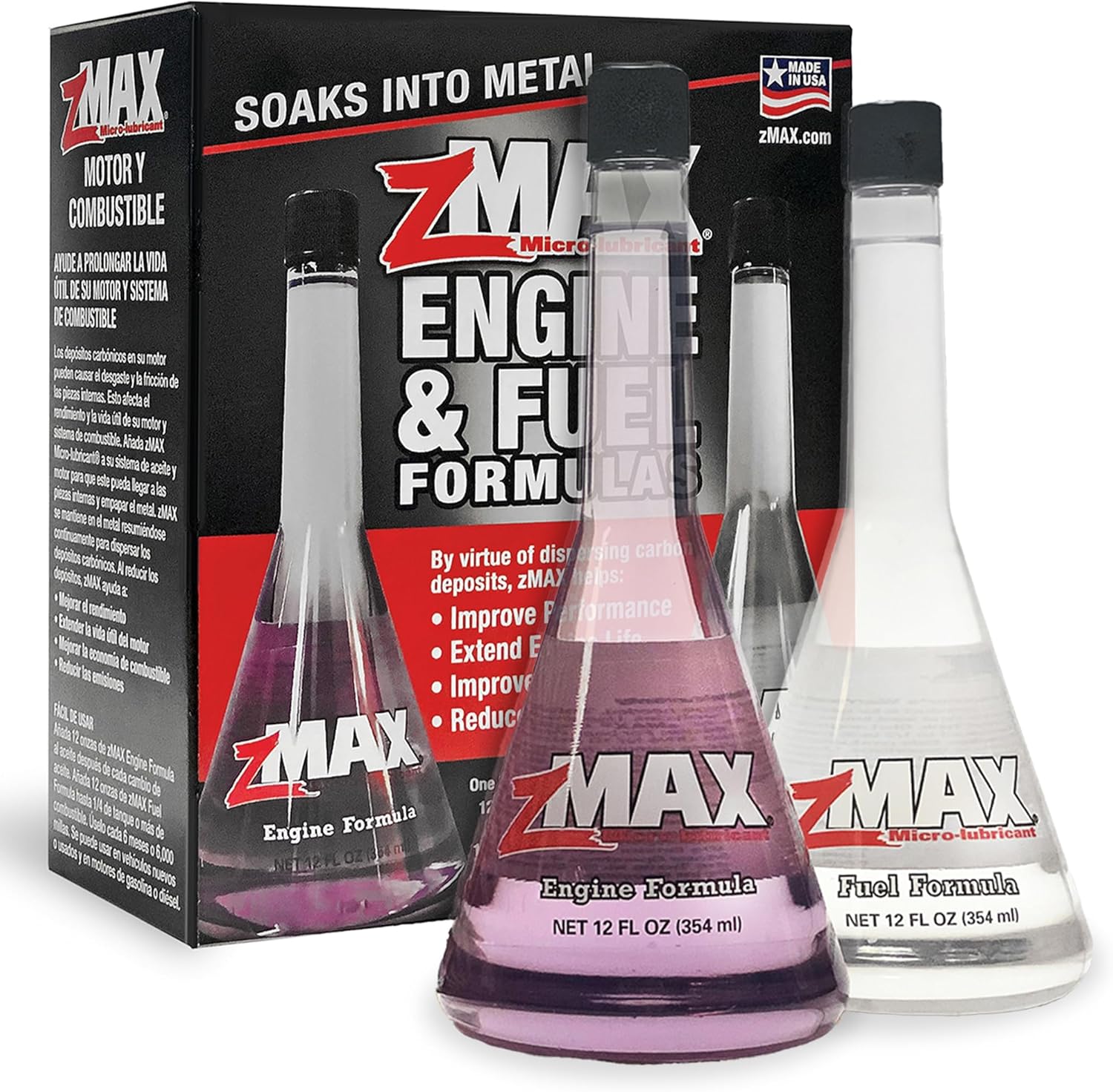 ZMAX Engine and Fuel Formula Kit front view showing two twelve ounce bottles for automotive performance maintenance