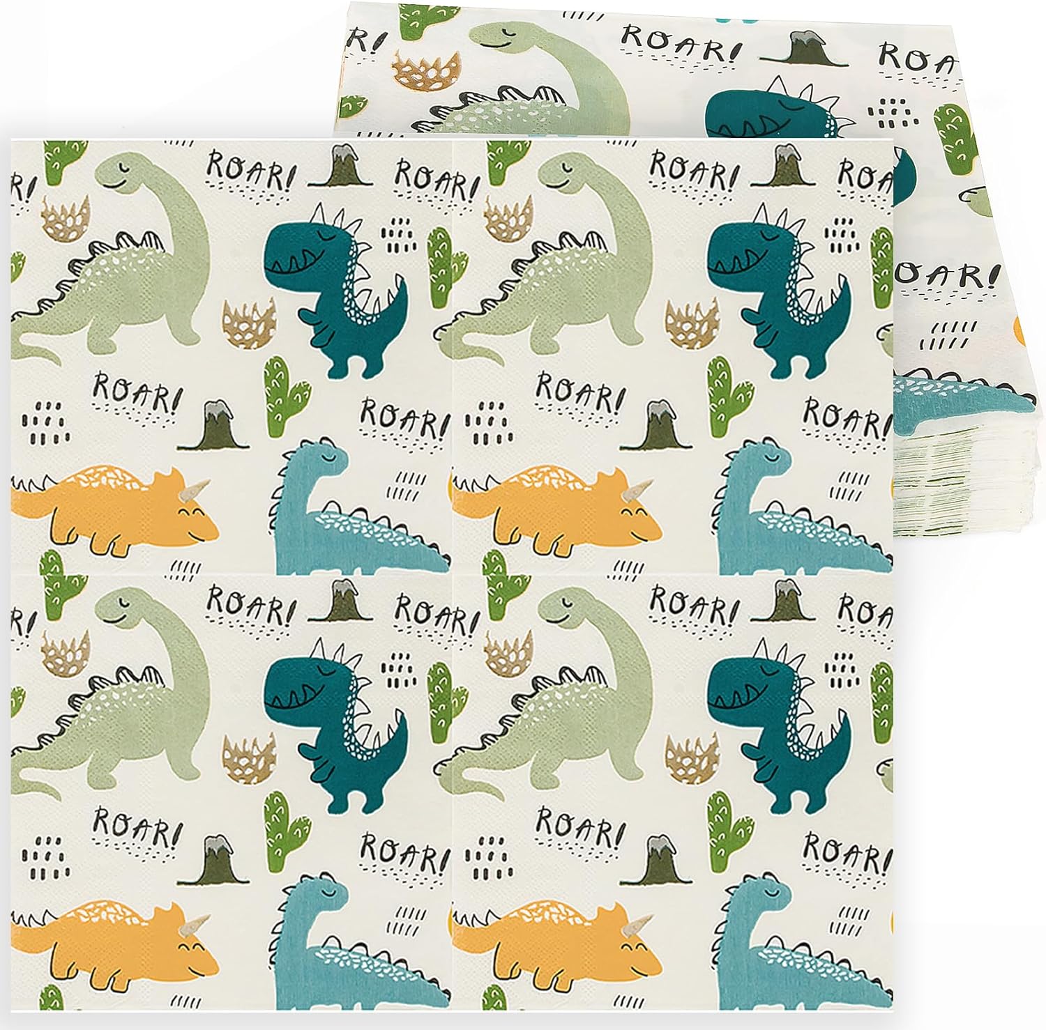 UVTQSSP dinosaur party paper napkins front view showcasing colorful T-Rex print table decor