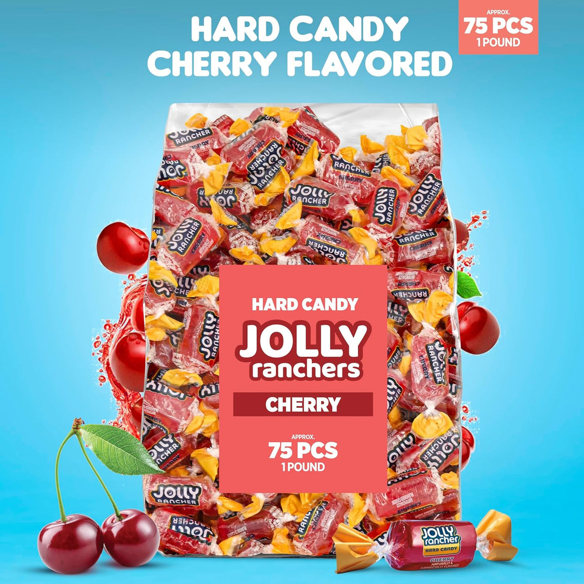 Bulk cherry candy bag poured into a decorative glass bowl