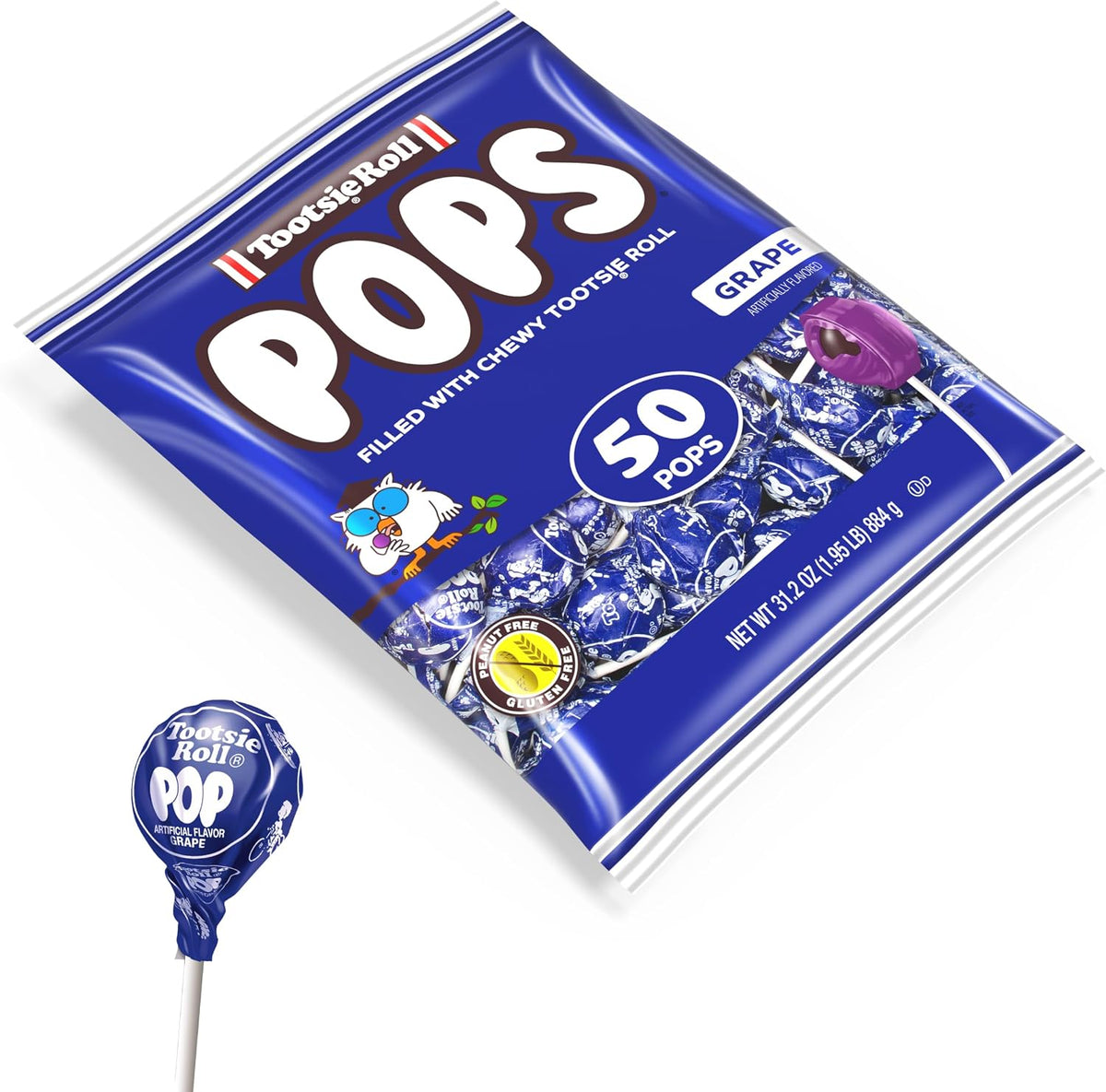Single grape Tootsie Pop unwrapped to show the hard candy shell texture.