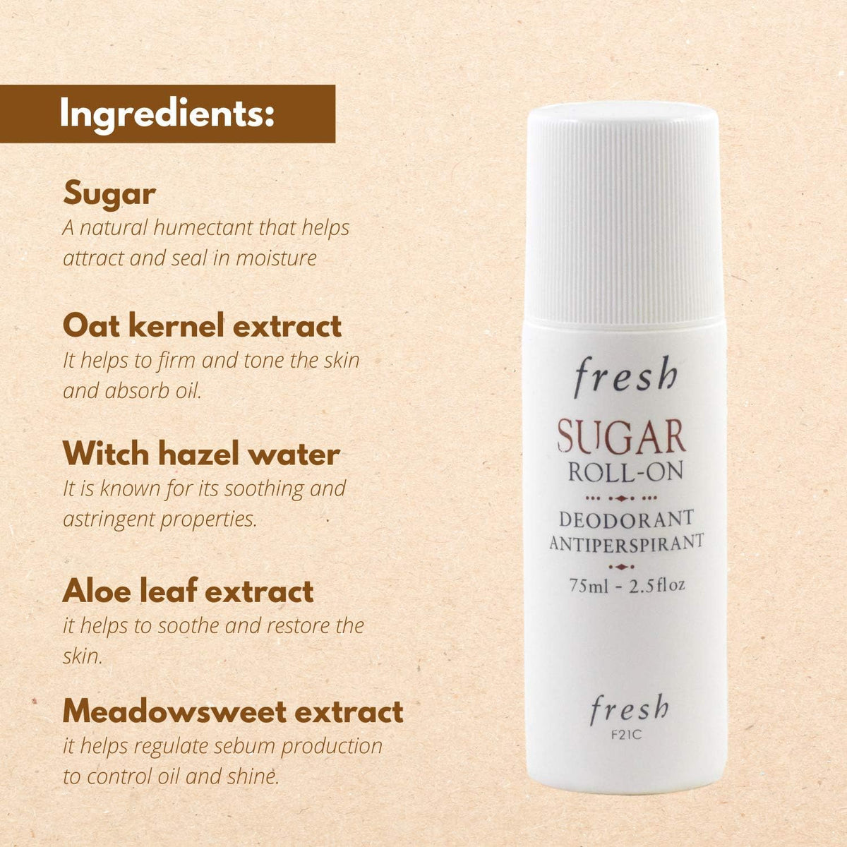 Fresh Sugar Roll-On Deodorant 75ml back panel showing directions and alcohol free formula