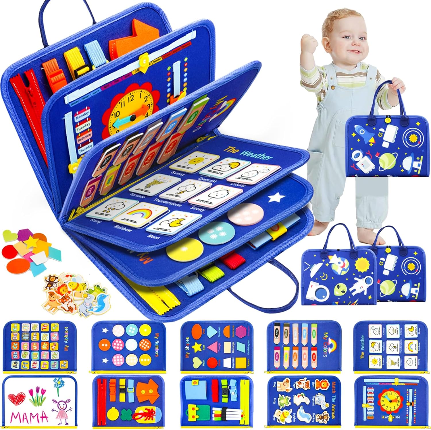 SaFeli Montessori toddler busy board blue front view educational toy