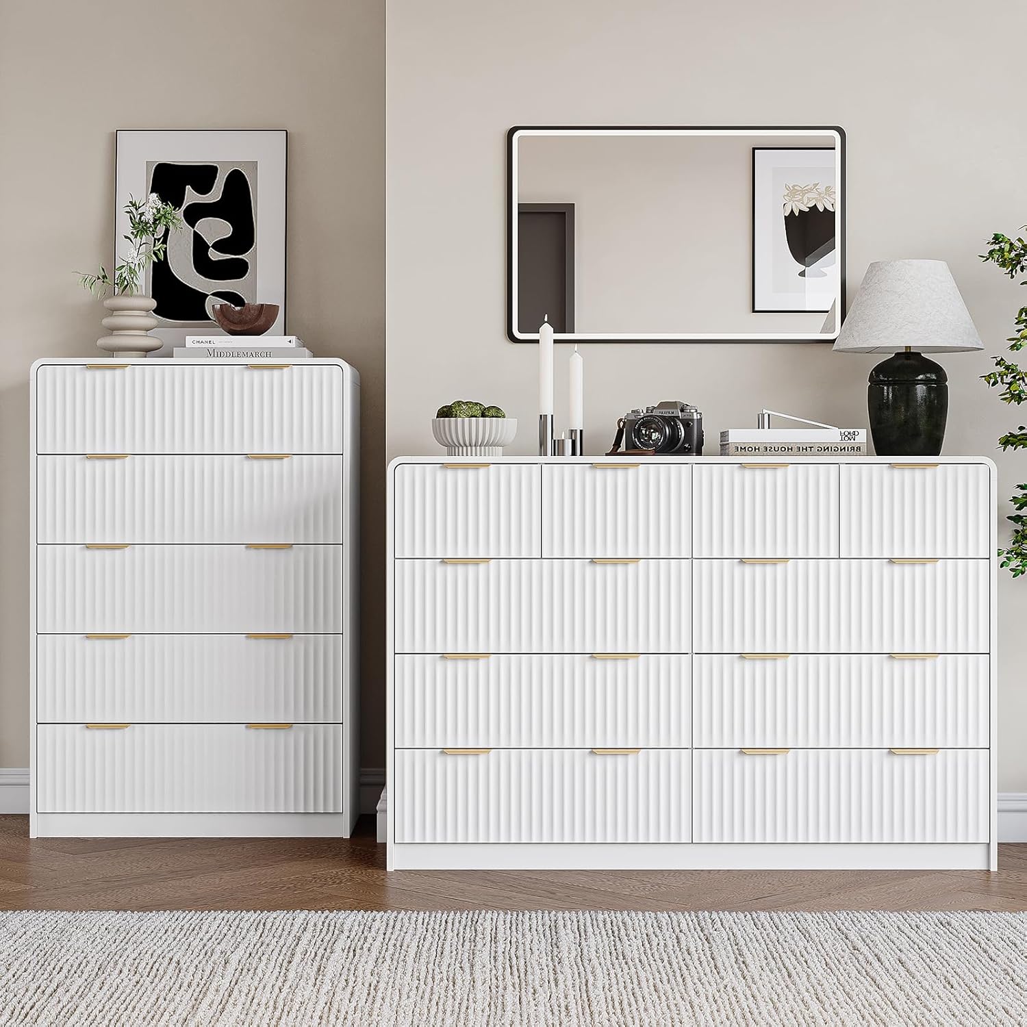 SINROM 2-Piece Fluted Bedroom Dresser Set front view featuring ten drawer wide dresser and five drawer tall chest