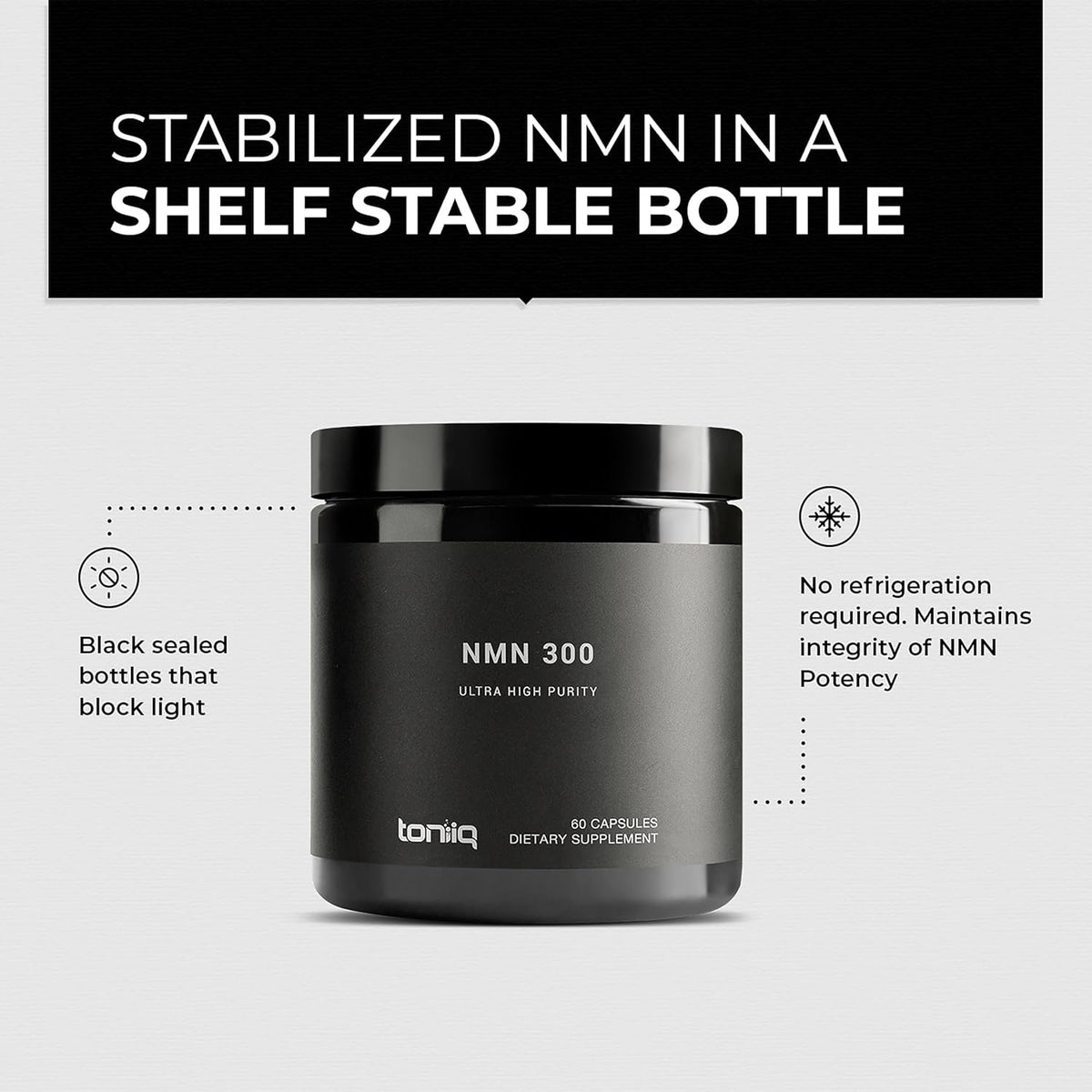 Authentic USA imported Toniiq NMN anti aging supplement black protective bottle layout