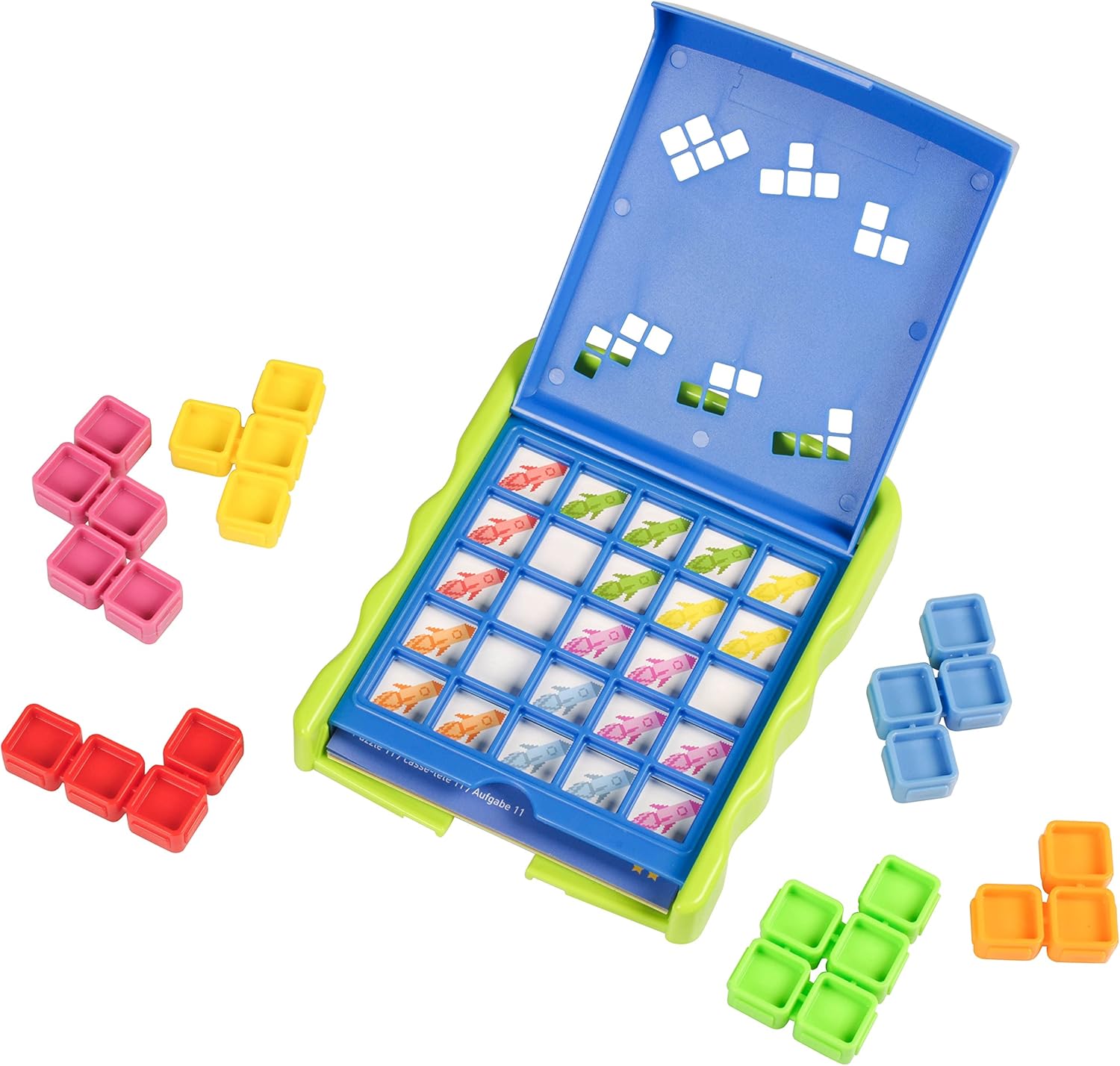 Educational Insights Kanoodle Jr brain teaser puzzle front view displaying bright green and blue carrying case with colorful pieces.