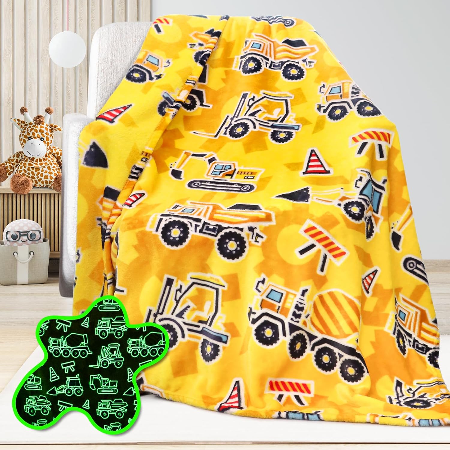 UOFON construction truck glow in the dark blanket front view showing yellow fabric and tractors.