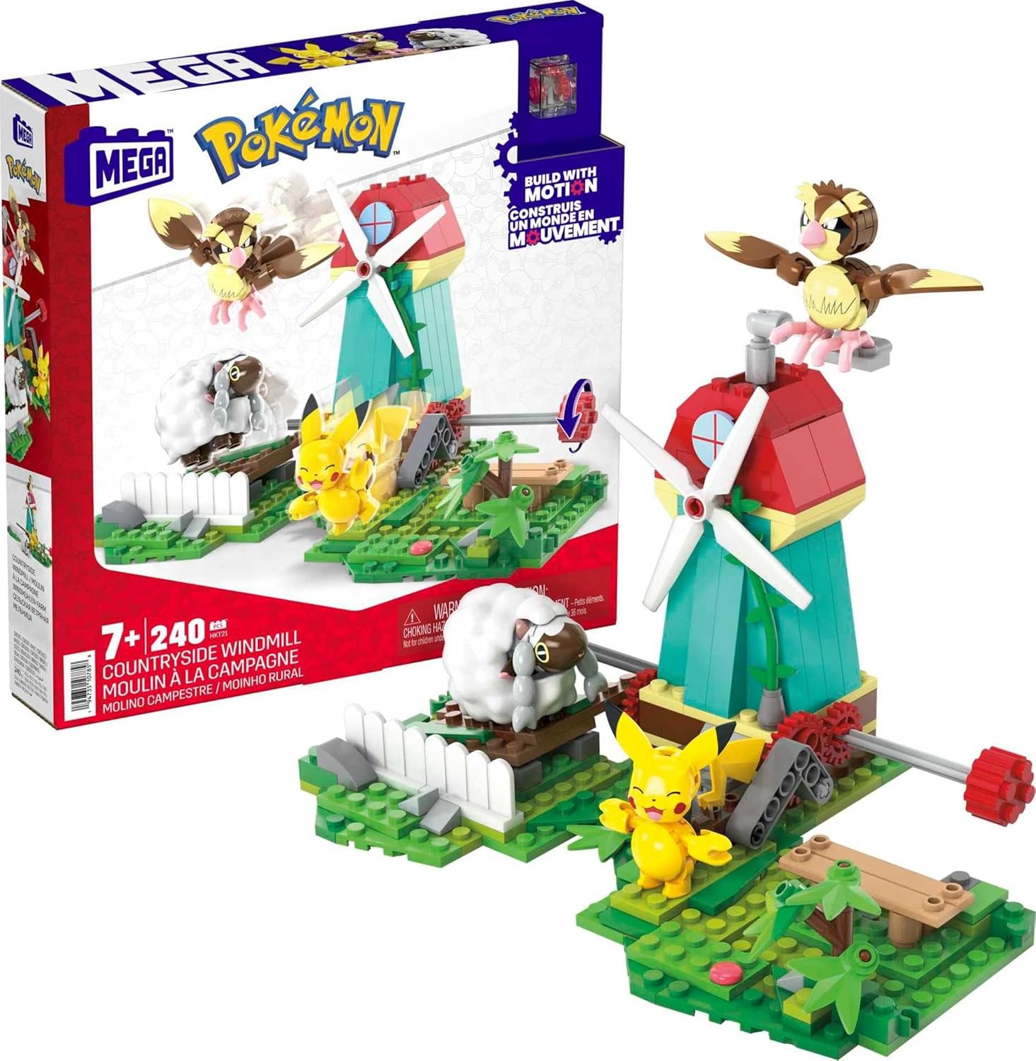 MEGA Pokémon Countryside Windmill building toy set front view showing the 240-piece assembled windmill and characters.