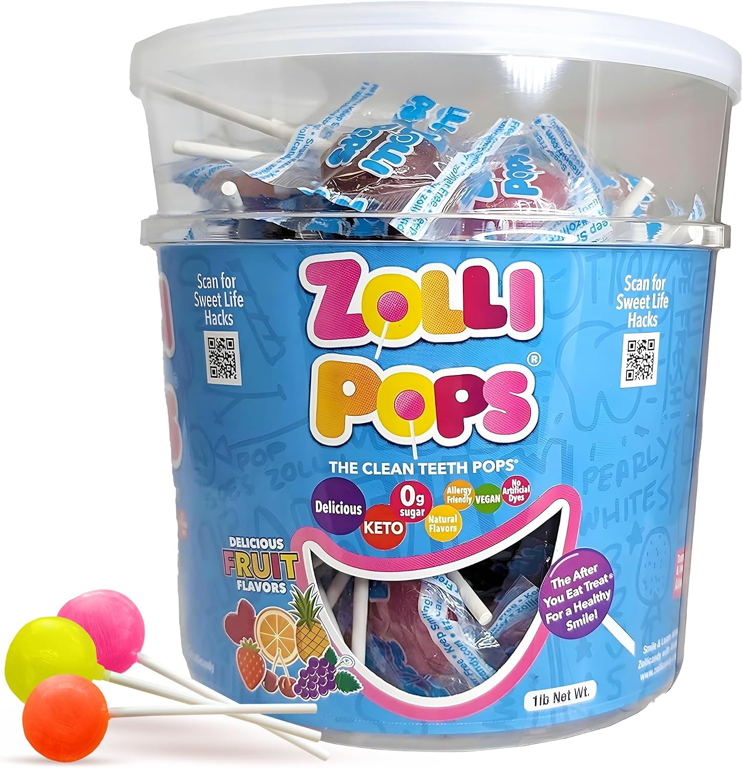 Zollipops Clean Teeth Pops front view of one pound tub container