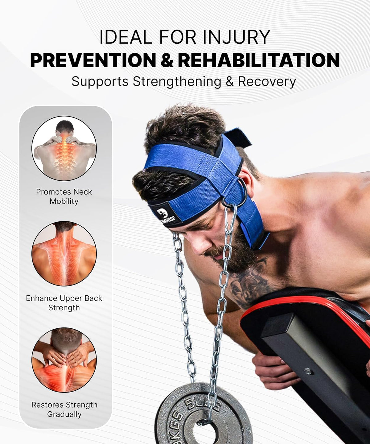DMoose Fitness Neck Harness showing anti-rust steel D-rings and hardware