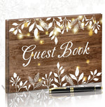 Funrous wood grain wedding guest book with pen front view