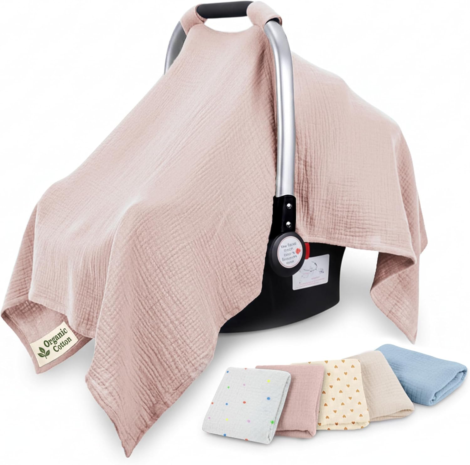 Infancie organic muslin cotton car seat cover front view pink baby canopy