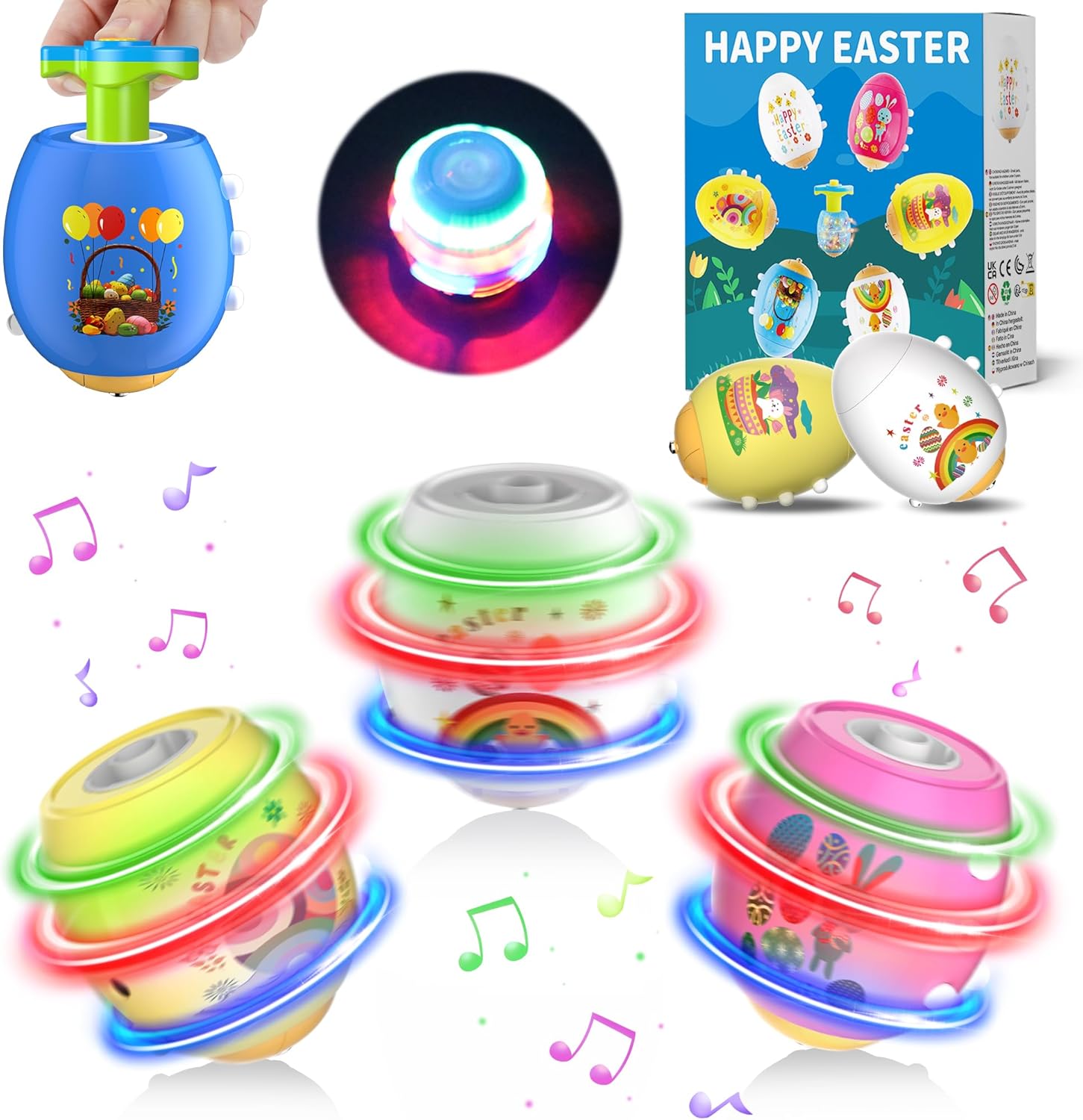 Ancesfun Easter egg light up spinning tops front view