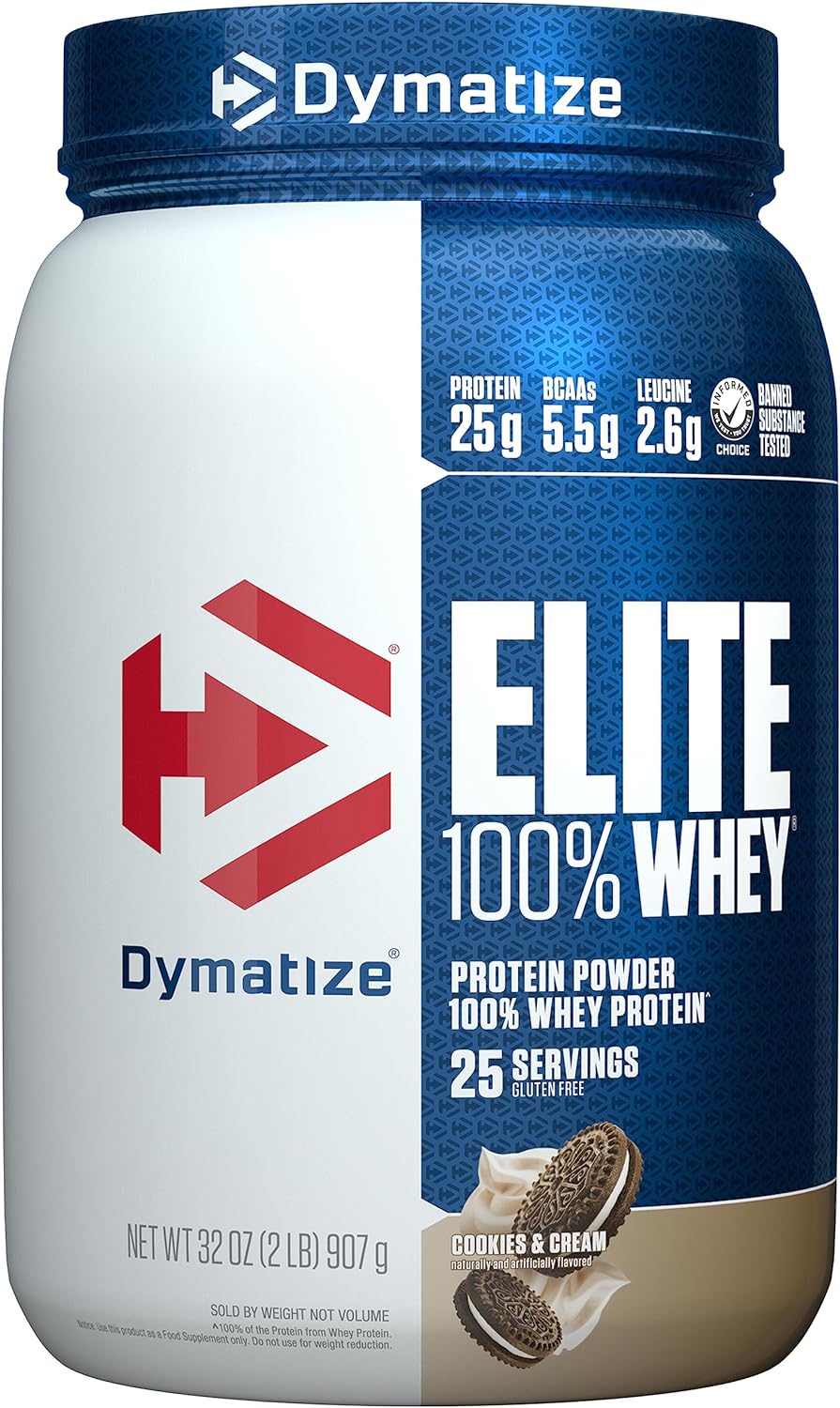 Dymatize Elite 100% Whey Protein Powder, Cookies & Cream, 25g of Protein, 5.5g BCAAs, Less Than 140 Cal., Gluten Free, 3g Carb, 2g Sugar, 3g Fat (25 Servings) - Image 1