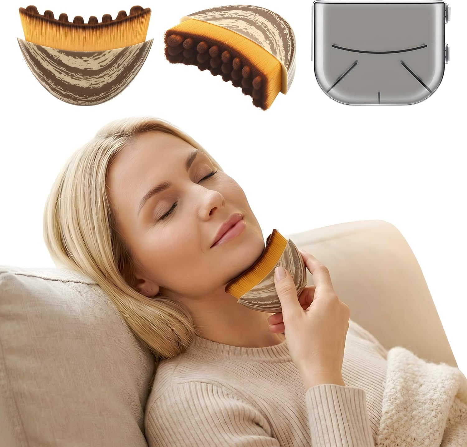 Dropy Lymphatic Contour Face Brush front view showcasing the ergonomic half-moon shape and golden yellow premium design.