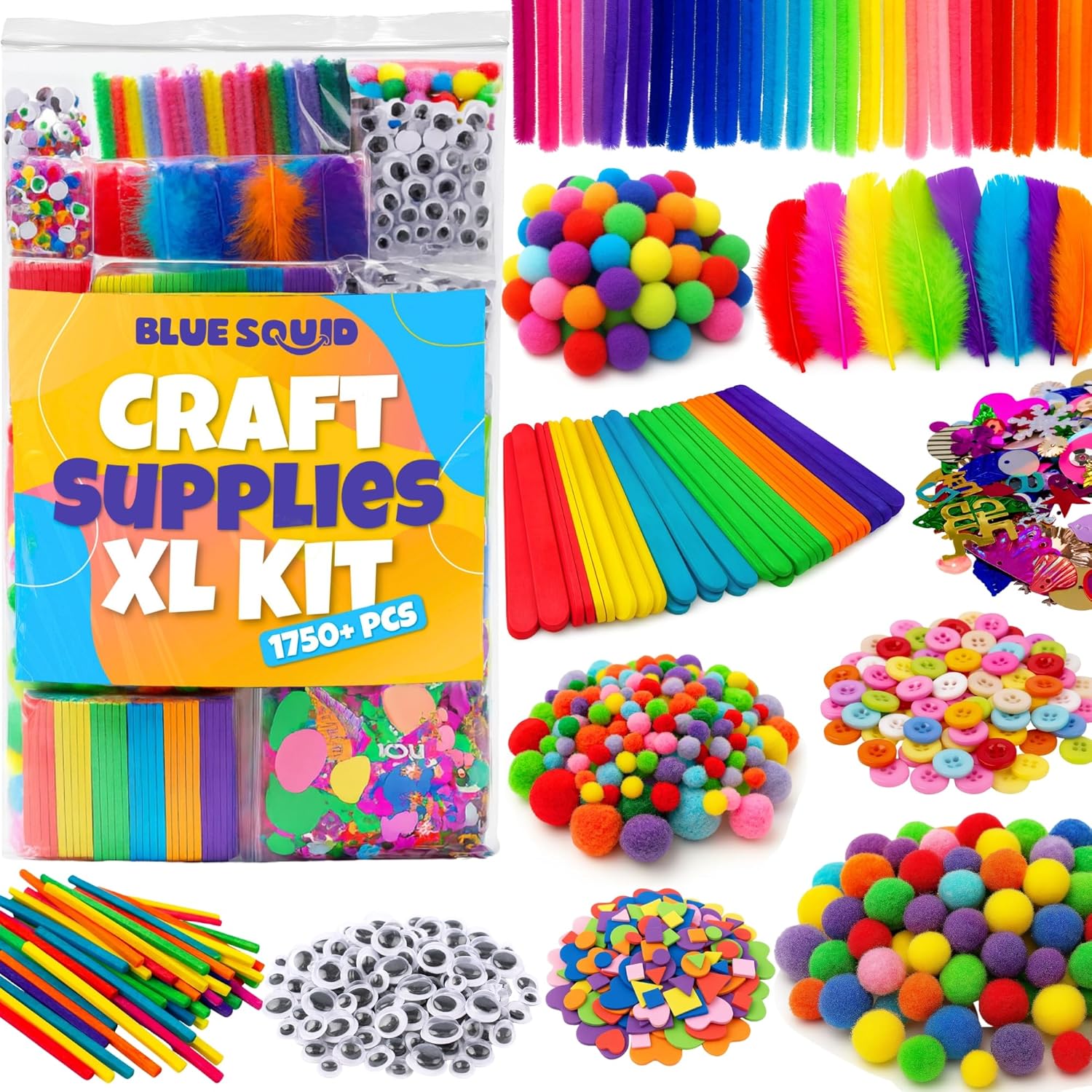 Blue Squid 1750 plus pieces kids craft kit front view showing the full assortment of bulk arts and crafts supplies