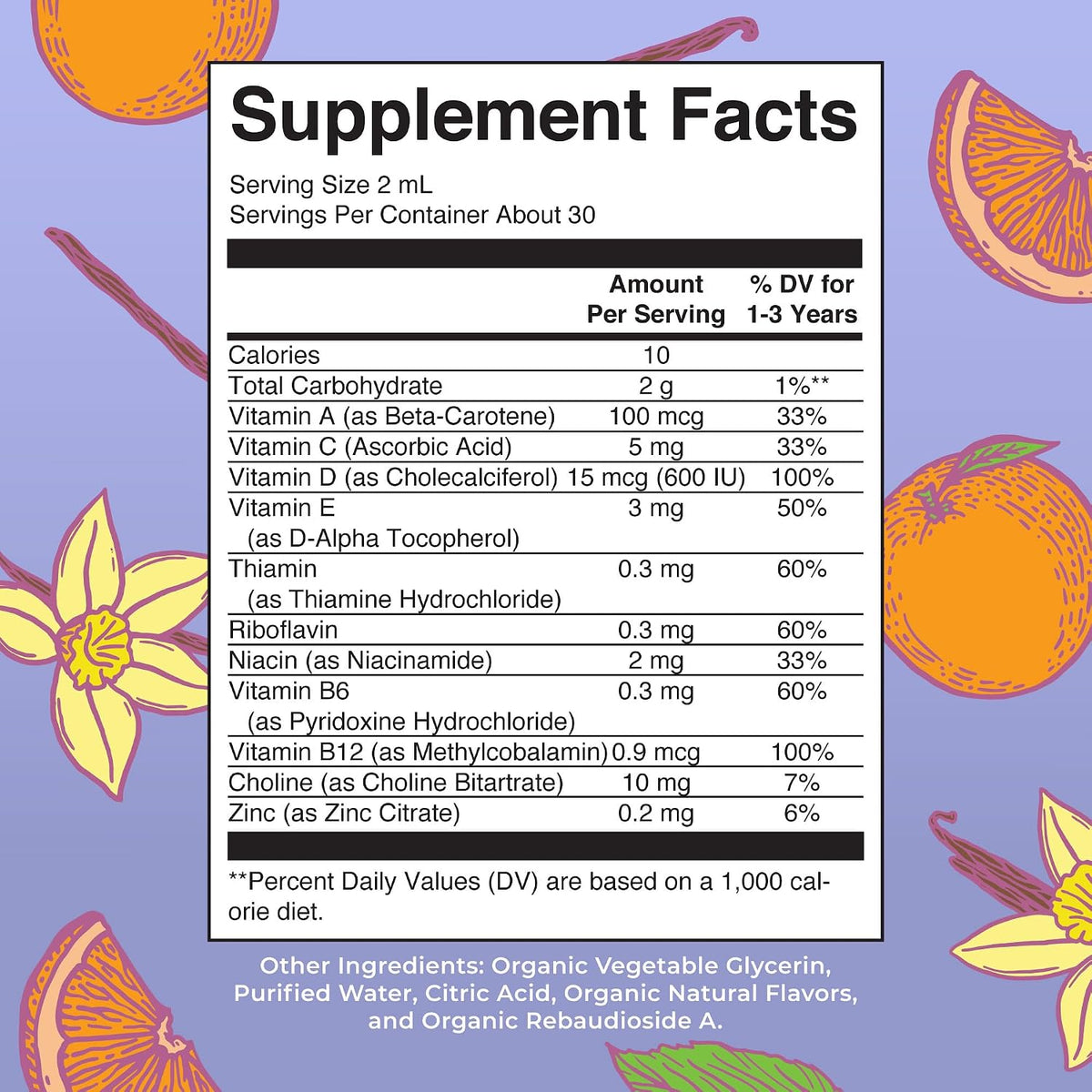 MaryRuth's liquid multivitamin nutritional facts label and supplement panel