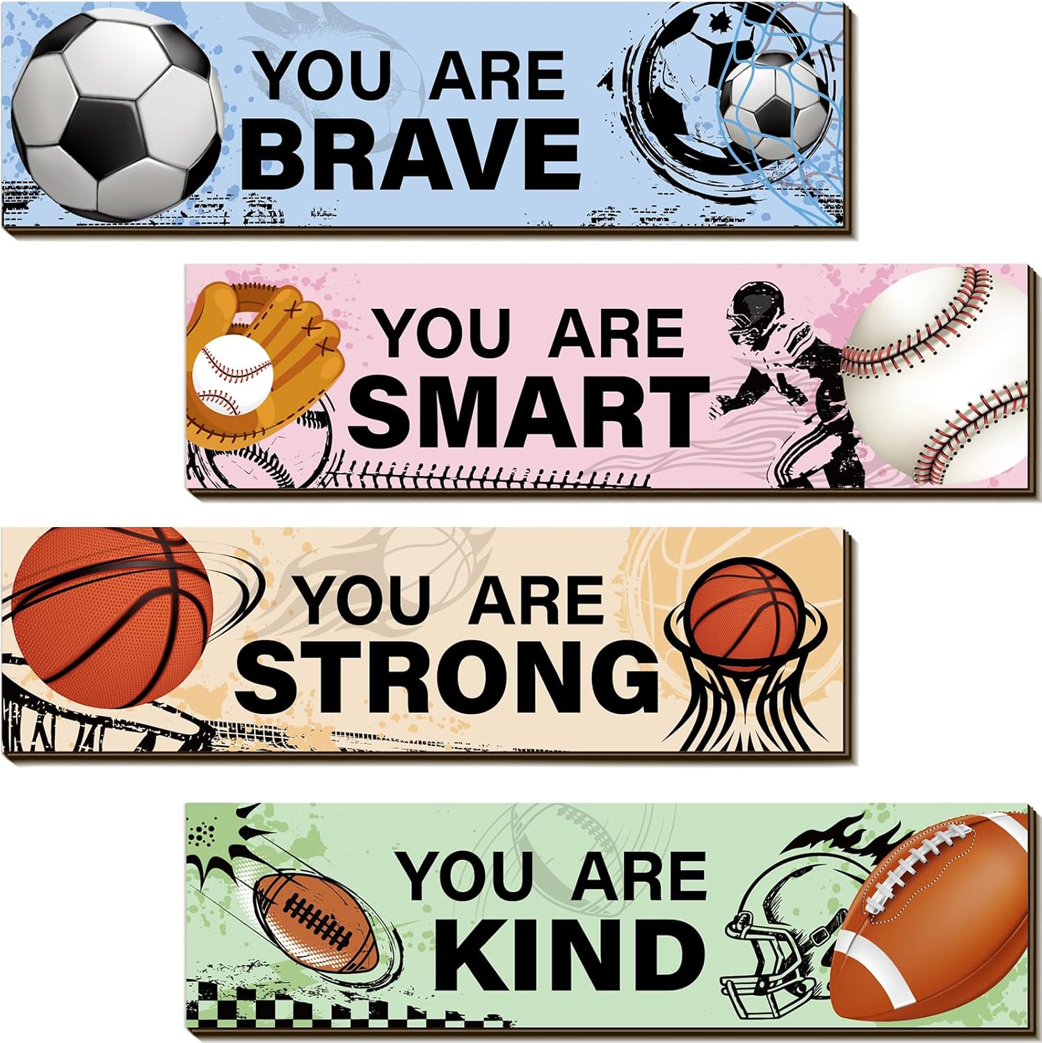 Geetery sports wood wall decor set of four pieces front view for kids bedroom styling.
