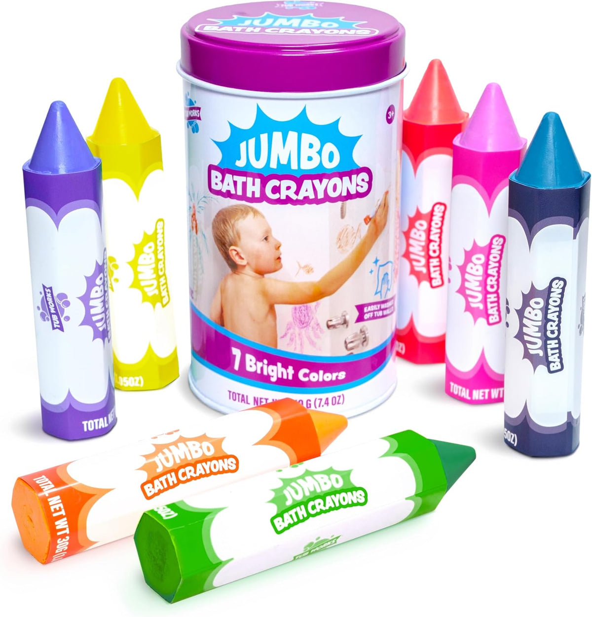 Tub Works Smooth Jumbo Bath Crayons front view showing the metal storage tin and seven colorful pieces.
