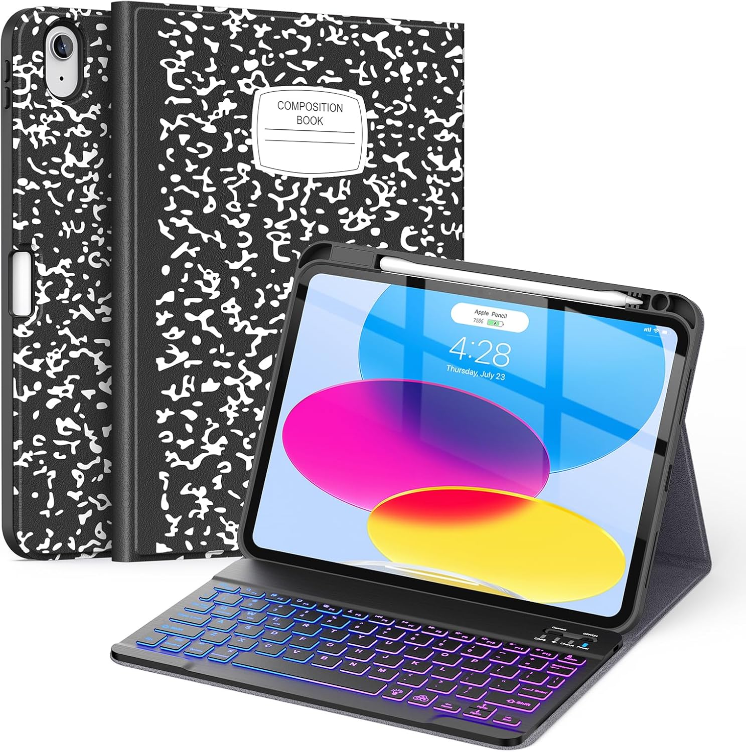 Supveco keyboard case for iPad 10th Generation showing a front view with a lit 7-color backlit wireless keyboard.
