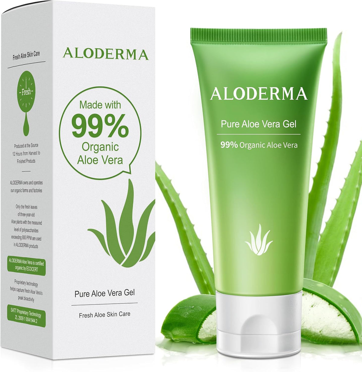 Aloderma Travel Size Aloe Vera Gel Made within 12 Hours of Harvest with 99% Pure Organic Aloe Vera for Body, Face, & Scalp - Hydrating & Soothing Gel for After Sun Care - 1.5oz Squeeze Tube - Image 1