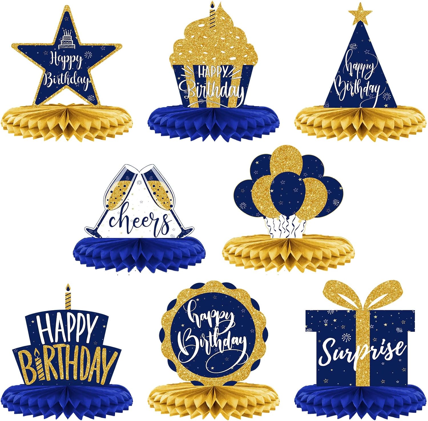 Spakon blue and gold happy birthday honeycomb centerpieces set