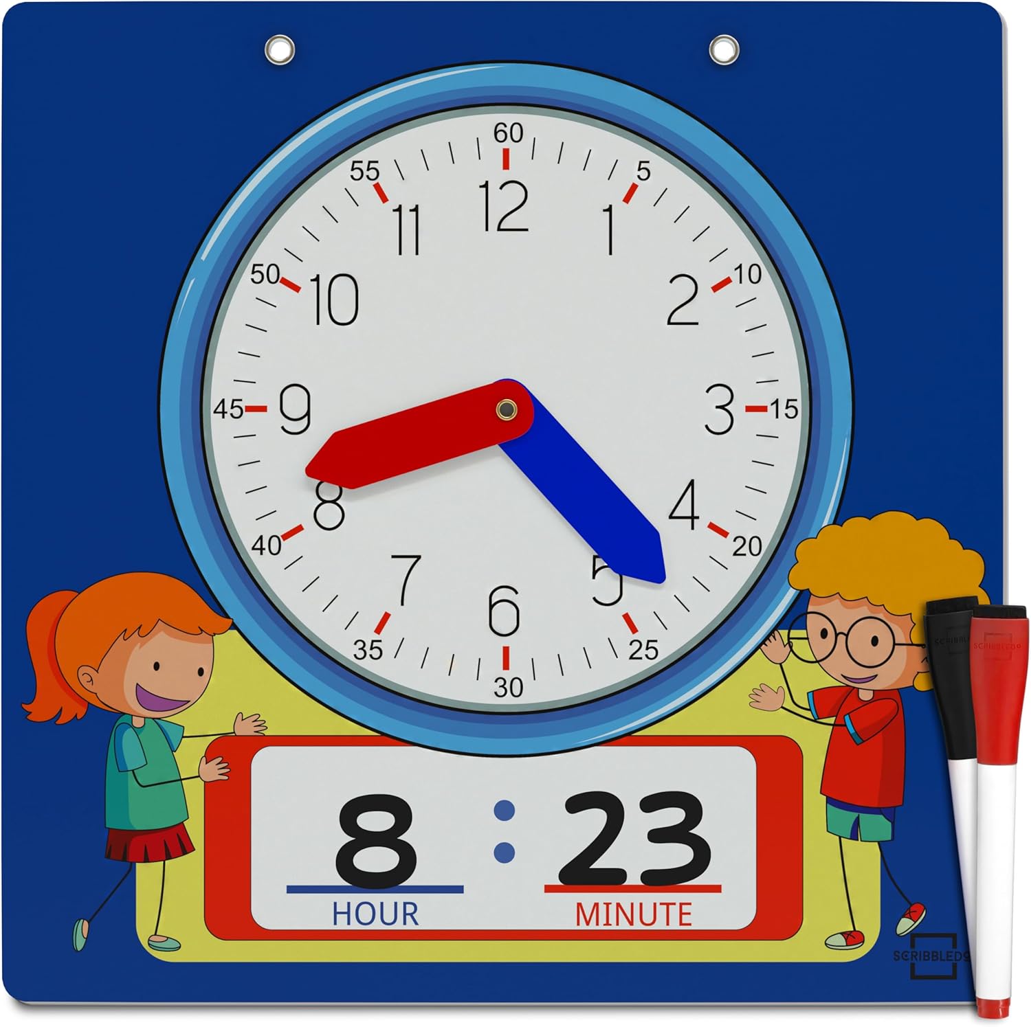 Scribbledo writable dry erase learning clock front view showing analog face and digital text box