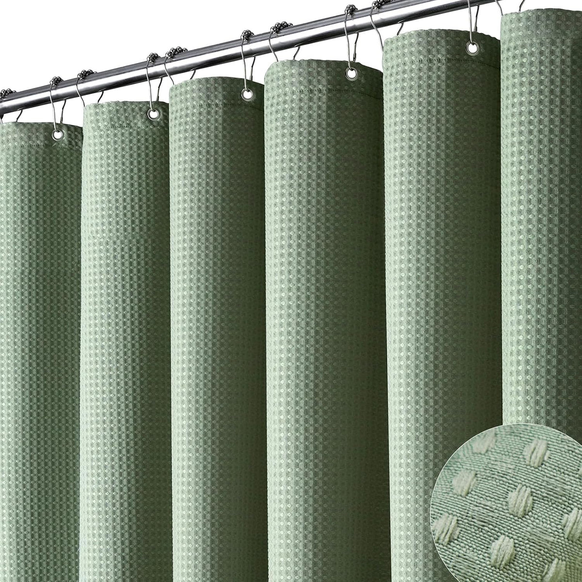 Dynamene Sage Green Waffle Shower Curtain front view hanging in a luxury bathroom.